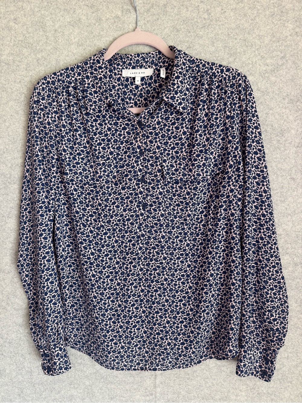 Lark & Ro Printed Navy and Soft Pink Long-Sleeve Blouse